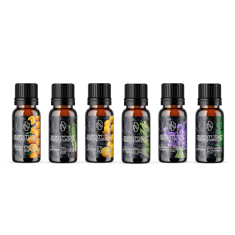 Special Selection 6 pack - Organic Certified Essential Oils:   - Lemon 10ml - Bulgarian Lavender 10ml - Peppermint 10ml - Eucalyptus Radiata 10ml - Lemongrass 10ml - Orange Sweet 10ml