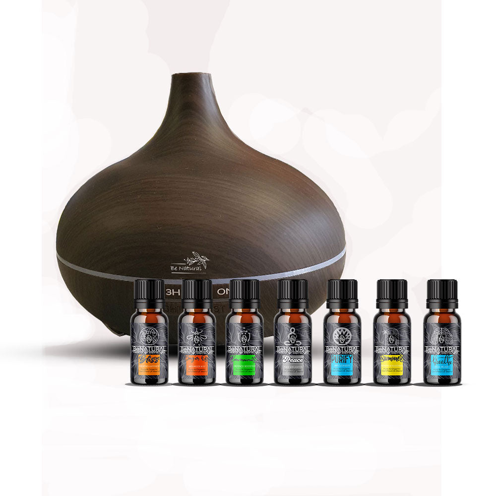 Be Natural - Ultrasonic Diffuser with our Ultimate Selection 7 pack Organic Blends in your choice of colour, Bamboo or Dark-Wood Finish... This is the Ultimate Gift for anyone, whether its a birthday, Xmas or any special occasion. Not only is the Be Natural Diffuser a wonderful machine to have, but our Blends (All 7 of them) are all undiluted and only blended from Pure and Organic Certified Essential Oils and we only source the very best oils from around the world.