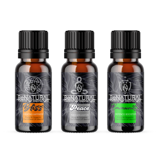 Be Natural's Personal Wellness Sellection of 100% Pure and Undiluted, Organic Certified Essential oil blends. In this pack you will receive our Bliss Blend, Peace Blend and Immunity Blend to assist you with your wellbeing.
