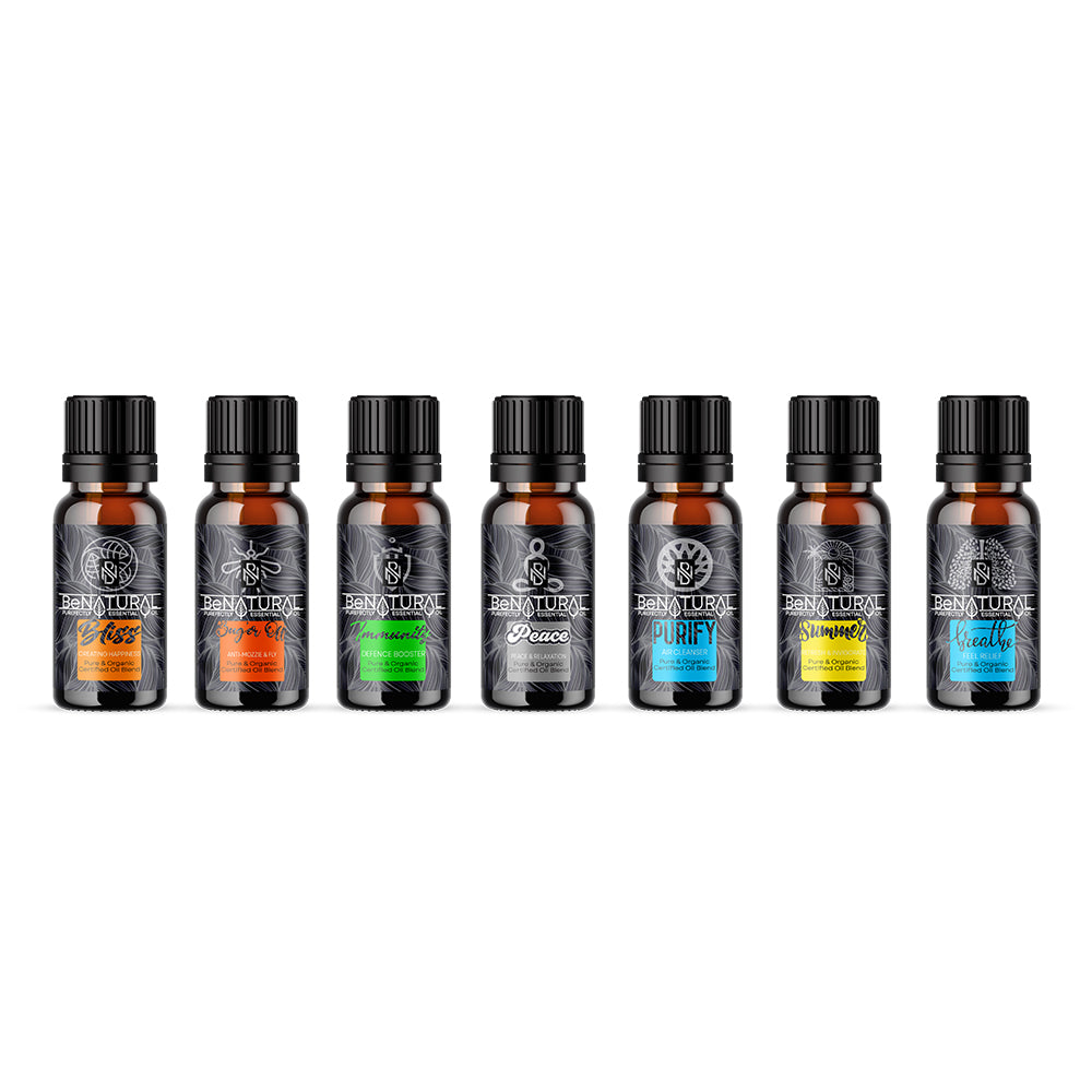 Be Natural's Favorite Organic blends, 7 pack, consisting of the Bliss blend, Bug;er Off blend, Immunity Blend, Purify Blend, Summer Blend and Breather Blend made of Pure Organic Certified Essential oils that are undiluted