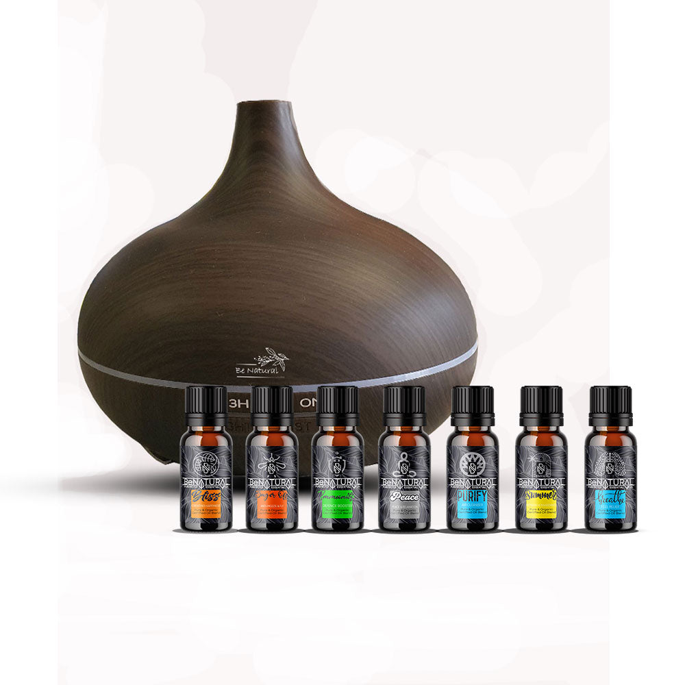 Be Natural - Ultrasonic Diffuser with our Ultimate Selection 7 pack Organic Blends in your choice of colour, Bamboo or Dark-Wood Finish...  This is the Ultimate Gift for anyone, whether its a birthday, Xmas or any special occasion. Not only is the Be Natural Diffuser a wonderful machine to have, but our Blends (All 7 of them) are all undiluted and only blended from Pure and Organic Certified Essential Oils and we only source the very best oils from around the world.