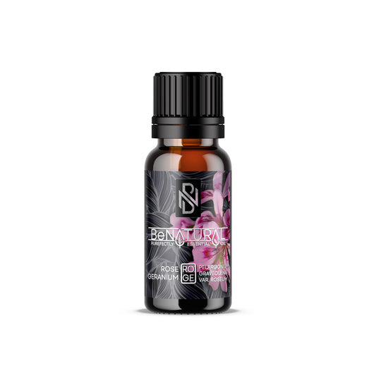 Rose Geranium - Organic Essential Oil This oil has a beautiful rosy floral scent.  It is suitable for all skin types, and is both soothing and balancing.   It balances sebum, which makes it very useful for skin that is very oily or very dry  High in antioxidants, it repairs and protects the skin which stimulates collagen production, reducing fine lines and pigmentation, imparting youthful skin.  Also has astringent properties that tightens, brightens, and removes dead skin cells.