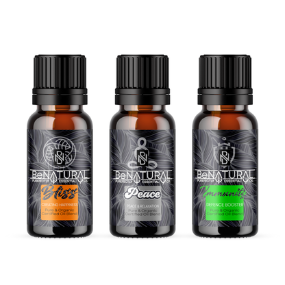 Be Natural's Personal Wellness Sellection of 100% Pure and Undiluted, Organic Certified Essential oil blends. In this pack you will receive our Bliss Blend, Peace Blend and Immunity Blend to assist you with your wellbeing. 